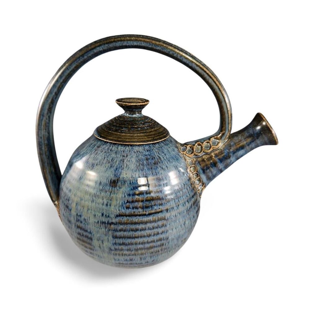 Studio Art Pottery Ball Teapot Asian Tea Pot Artist Made Blue Drip Glaze Signed